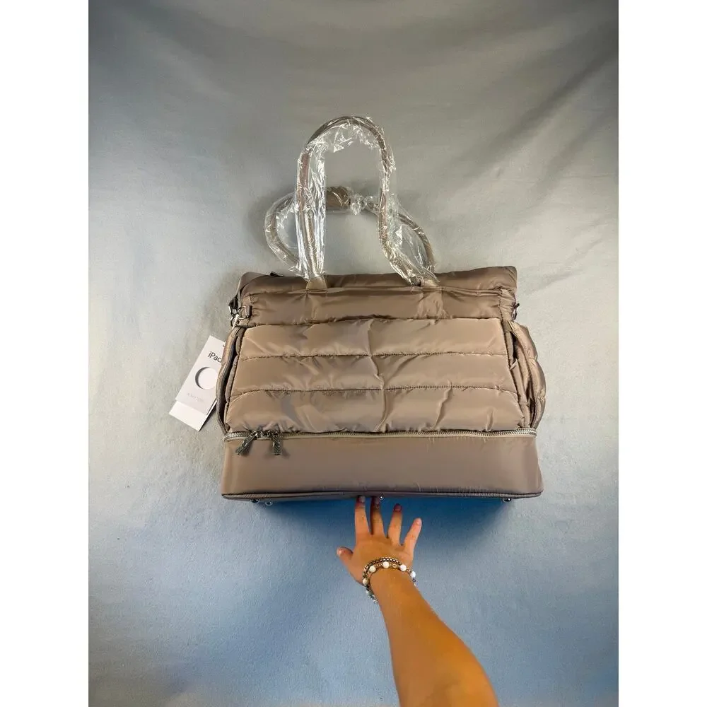 iPack Puffy Tote Bag Womens Taupe Quilted Travel Padded Sleeve Overnight Bag NWT